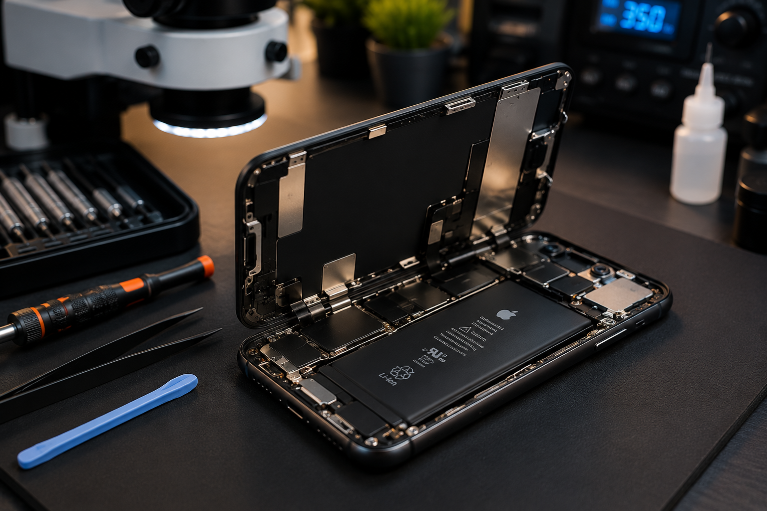 Celular aberto em manutenção na assistência técnica